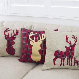 3 Reindeer Tartan Plaid 17" Throw Pillow Covers